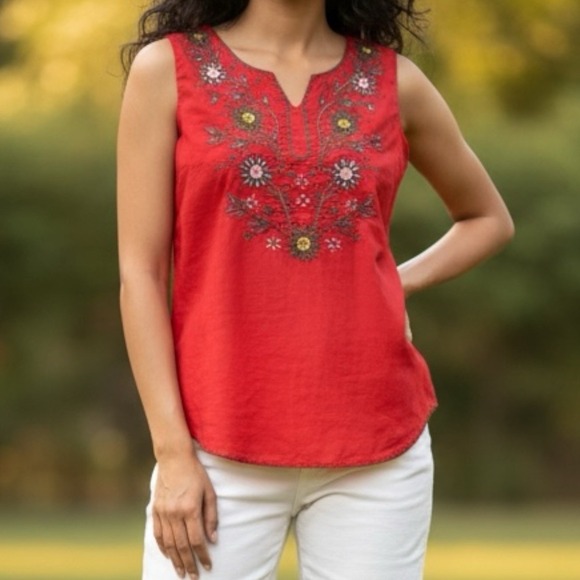 Fashion Report Tops - Red Embroidered Cotton Shirt Women's‎ Size 4 Boho Sleeveless Flowers